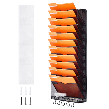 Wall File Organizer, 12-Pocket Metal Mesh, Label Holders