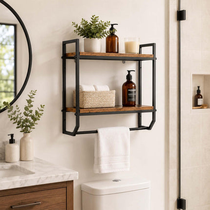 Wall-Mounted 2-Tier Shelf with Towel Rail – Brown