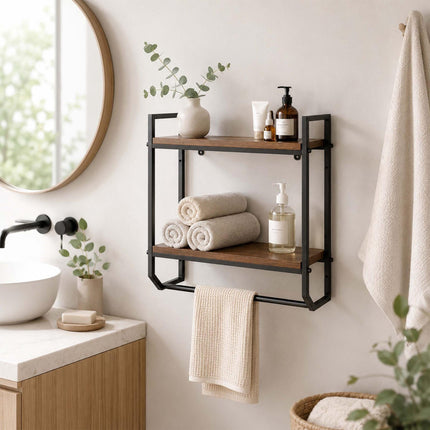 Wall-Mounted 2-Tier Shelf with Towel Rail – Brown