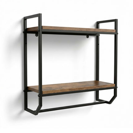 Wall-Mounted 2-Tier Shelf with Towel Rail – Brown