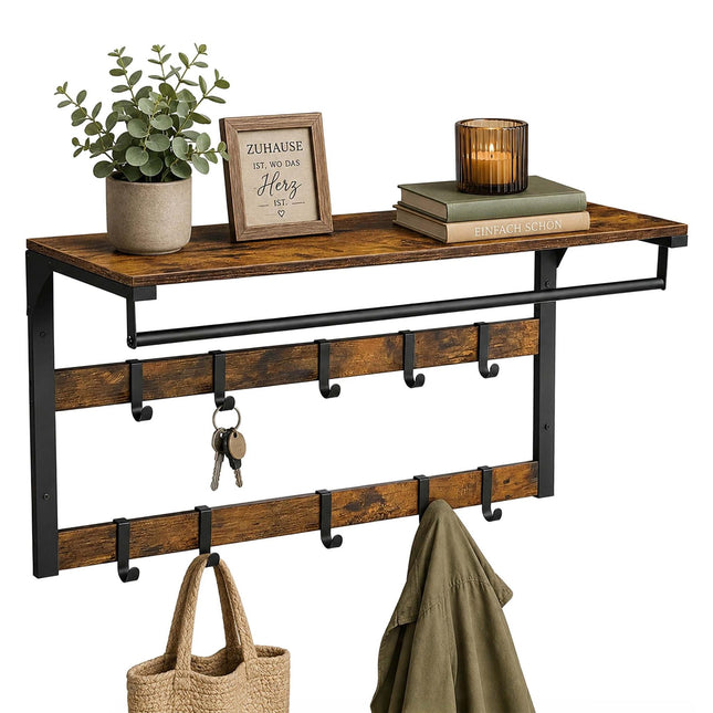Wall-Mounted 3-in-1 Coat Rack with Shelf, Brown, 80 cm