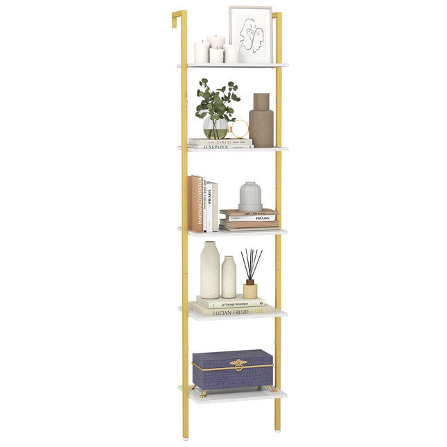 Wall-Mounted 5-Tier Ladder Bookshelf with Metal Frame