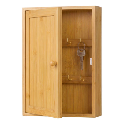 Wall-Mounted Bamboo Key Box, 8 Hooks, Magnetic Door