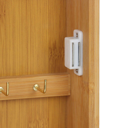 Wall-Mounted Bamboo Key Box, 8 Hooks, Magnetic Door