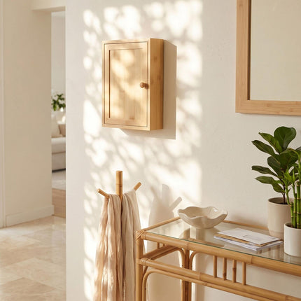 Wall-Mounted Bamboo Key Box, 8 Hooks, Magnetic Door