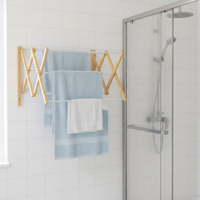 Wandmontierter Wäscheständer aus Bambus und Metall, platzsparendes Design