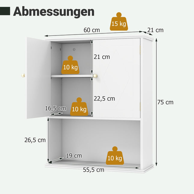 Wall-Mounted Bathroom Cabinet, 2-Door, Adjustable Shelf, White