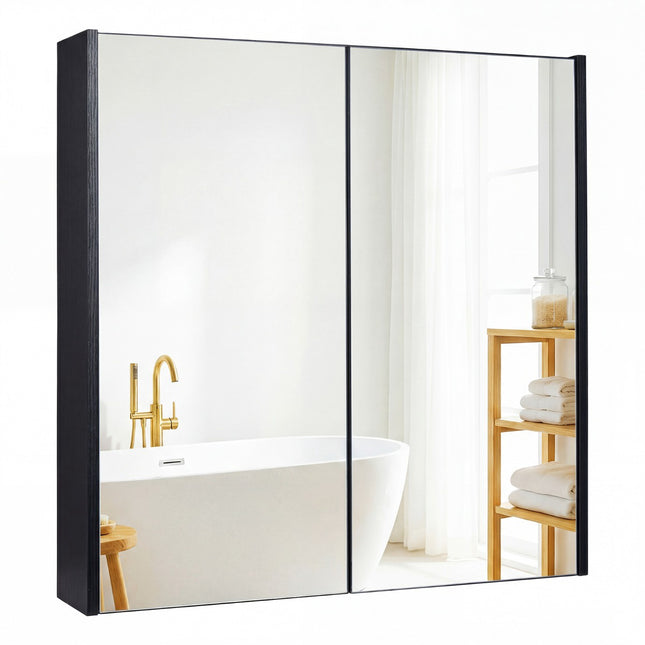 Wall-Mounted Bathroom Cabinet with Mirror Doors, Black, MDF