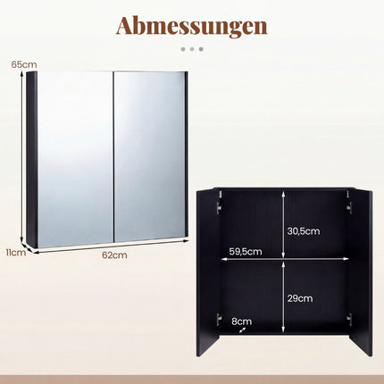 Wall-Mounted Bathroom Cabinet with Mirror Doors, Black, MDF
