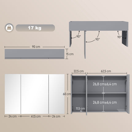 Wandmontierter Badezimmer-Spiegelschrank, 3-türig, Grau, Verstellbar