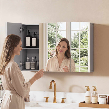 Wandmontierter Badezimmer-Spiegelschrank, 3-türig, Grau, Verstellbar