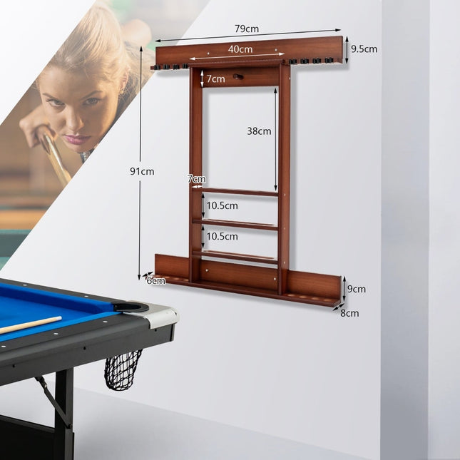 Wandmontierter Billard Queue Halter für 8 Queues, 15 Kugeln