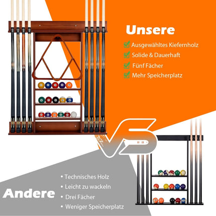 Wall-Mounted Billiard Cue Rack for 8 Cues, 15 Balls