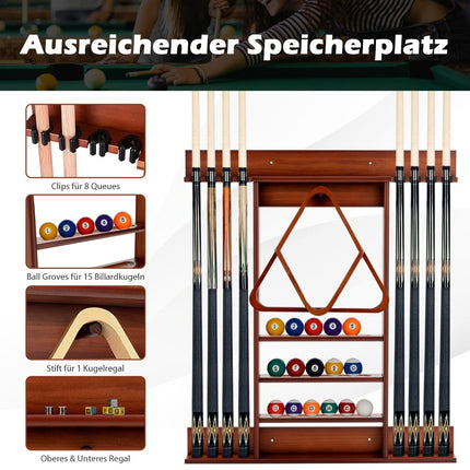 Wall-Mounted Billiard Cue Rack for 8 Cues, 15 Balls