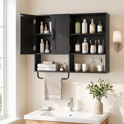 Wall-Mounted Black Bathroom Cabinet with Adjustable Shelves