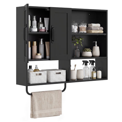 Wall-Mounted Black Bathroom Cabinet with Adjustable Shelves