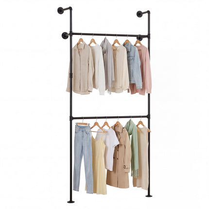 Wall Mounted Black Pipe Clothing Rack with 2 Rods