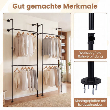 Wall Mounted Black Pipe Clothing Rack with 2 Rods