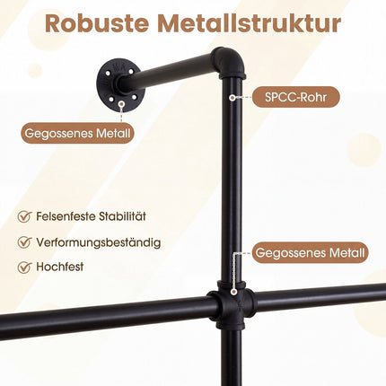 Wall Mounted Black Pipe Clothing Rack with 2 Rods