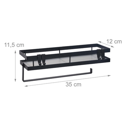 Wall-Mounted Black Spice Rack with Hooks and Roll Holder