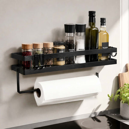 Wall-Mounted Black Spice Rack with Hooks and Roll Holder