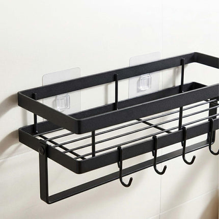Wall-Mounted Black Spice Rack with Hooks and Roll Holder