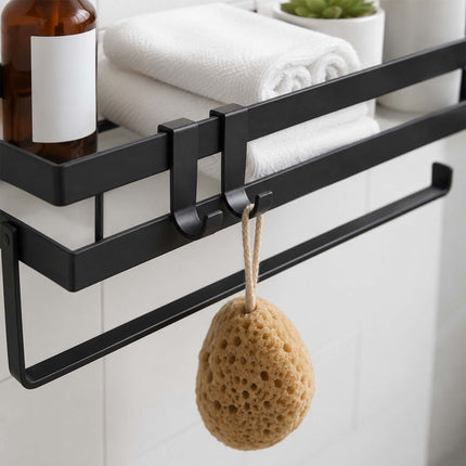 Wall-Mounted Black Spice Rack with Hooks and Roll Holder