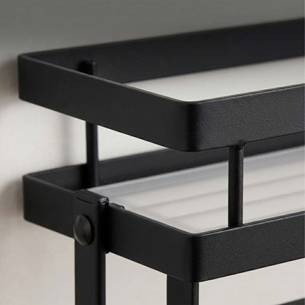Wall-Mounted Black Spice Rack with Hooks and Roll Holder