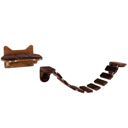 Wandmontiertes Katzenkletterset mit Bett und Brücke, Braun