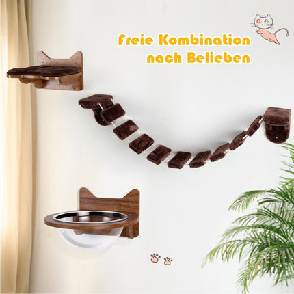 Wandmontiertes Katzenkletterset mit Bett und Brücke, Braun
