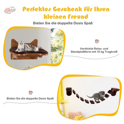 Wandmontiertes Katzenkletterset mit Bett und Brücke, Braun