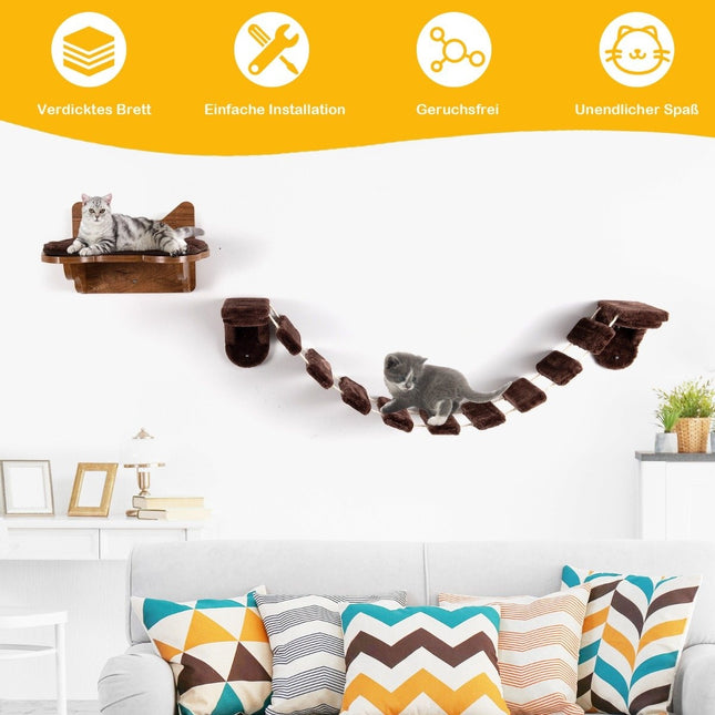 Wandmontiertes Katzenkletterset mit Bett und Brücke, Braun