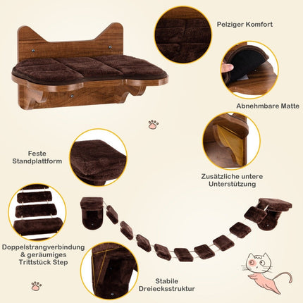 Wandmontiertes Katzenkletterset mit Bett und Brücke, Braun