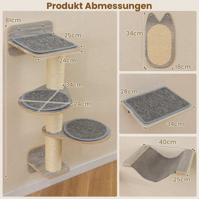 Wandmontiertes Katzen-Kletterset mit Kratzbaum und Hängematte