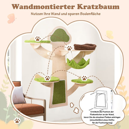 Wall-Mounted Cat Tower with Hammock & Scratching Post
