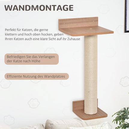 Wall mounted cat tree with sisal scratching post, natural