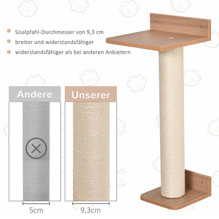 Wall mounted cat tree with sisal scratching post, natural