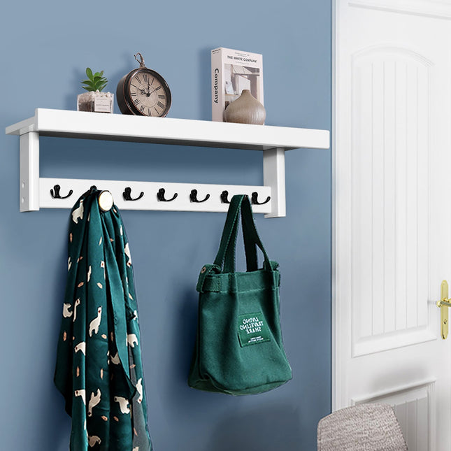 Wall-Mounted Coat Rack, 7 Double Hooks, Shelf, Rubberwood
