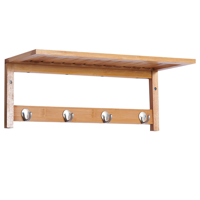 Wall-Mounted Coat Rack, Natural Wood, 4 Hooks, 5kg Capacity