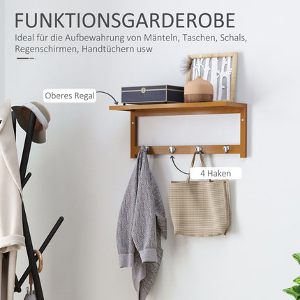 Wall-Mounted Coat Rack, Natural Wood, 4 Hooks, 5kg Capacity