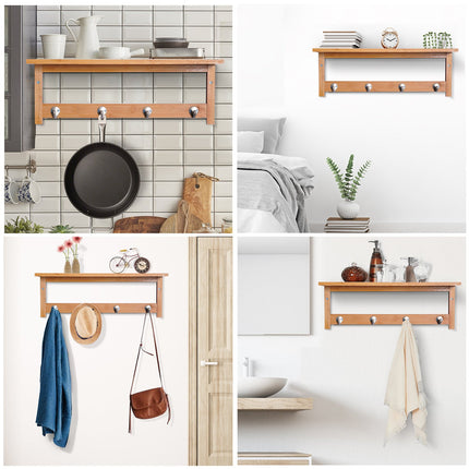 Wall-Mounted Coat Rack, Natural Wood, 4 Hooks, 5kg Capacity