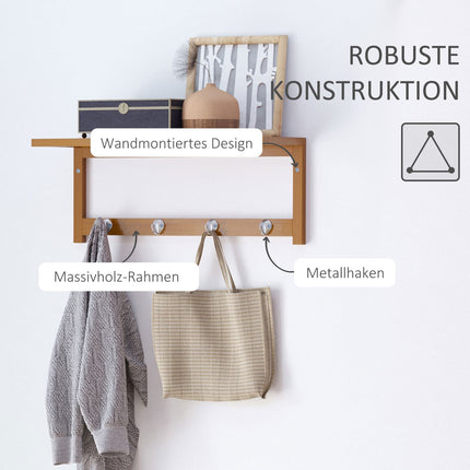 Wall-Mounted Coat Rack, Natural Wood, 4 Hooks, 5kg Capacity