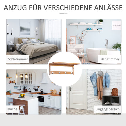 Wall-Mounted Coat Rack, Natural Wood, 4 Hooks, 5kg Capacity