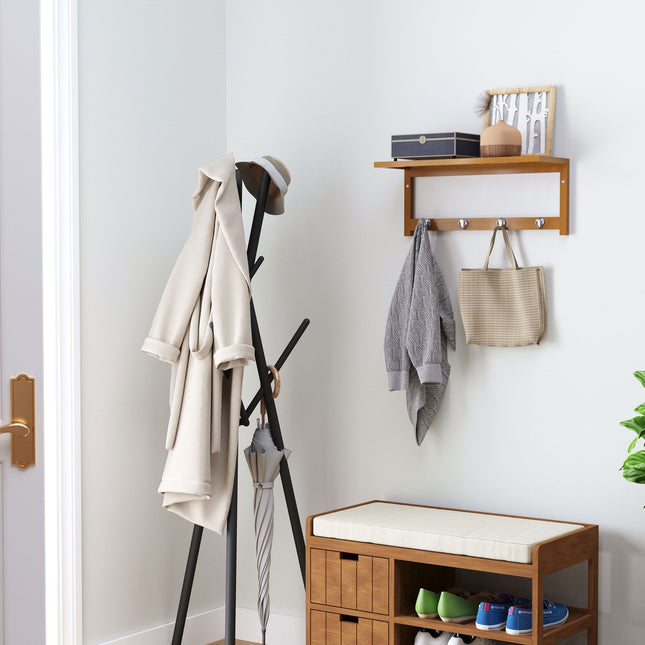 Wall-Mounted Coat Rack, Natural Wood, 4 Hooks, 5kg Capacity