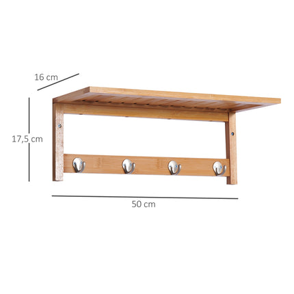 Wall-Mounted Coat Rack, Natural Wood, 4 Hooks, 5kg Capacity