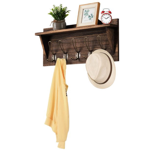 Wall-Mounted Coat Rack With Shelf, 5 Dual Hooks, Brown