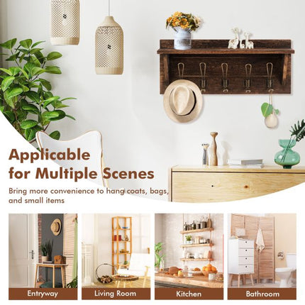 Wandgarderobe mit Ablage, 5 Doppelhaken, Braun