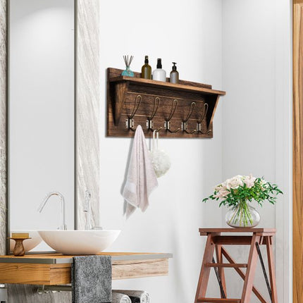 Wandgarderobe mit Ablage, 5 Doppelhaken, Braun