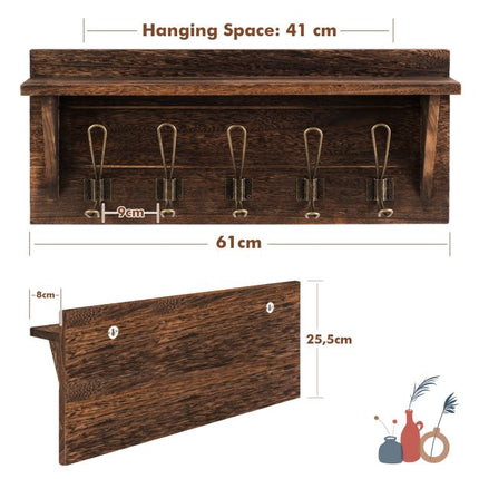 Wandgarderobe mit Ablage, 5 Doppelhaken, Braun