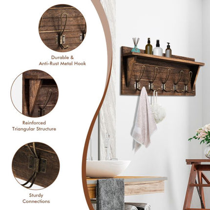 Wandgarderobe mit Ablage, 5 Doppelhaken, Braun
